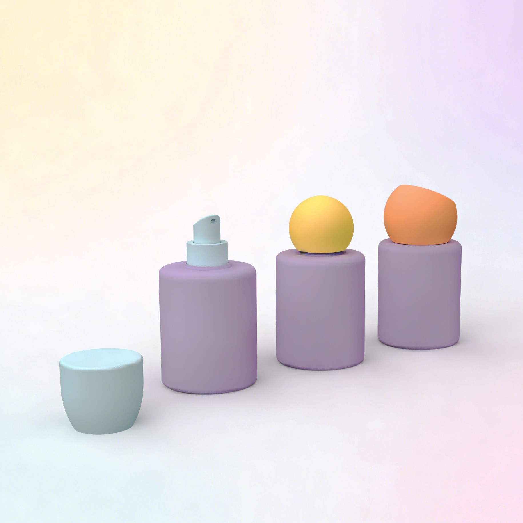 Matte short cylindrical spray bottle with interchangeable multi-style decorative caps, mix-and-match replacement lids empty refillable skincare mist container